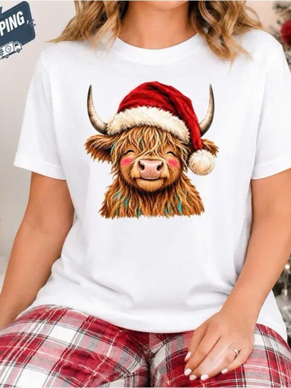 White Short Sleeve Tee with Festive Highland Cow Graphic